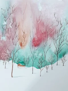 نقاشی آبرنگ جنگل ابر